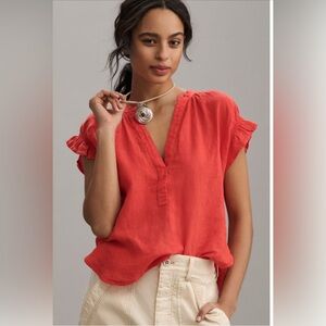 NWT ANTHROPOLIGIE Tatum Flutter Cap Sleeve Linen Blouse Top Red Coral PILCRO